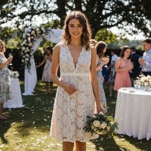 🌟Adrianna Papell Ivory Lace Illusion Floral Midi Dress Wedding Guest Size 4